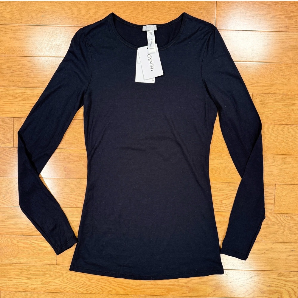Hanro Women's Medium Ultralight Long Sleeve Shirt Black Mercerized Cotton Top